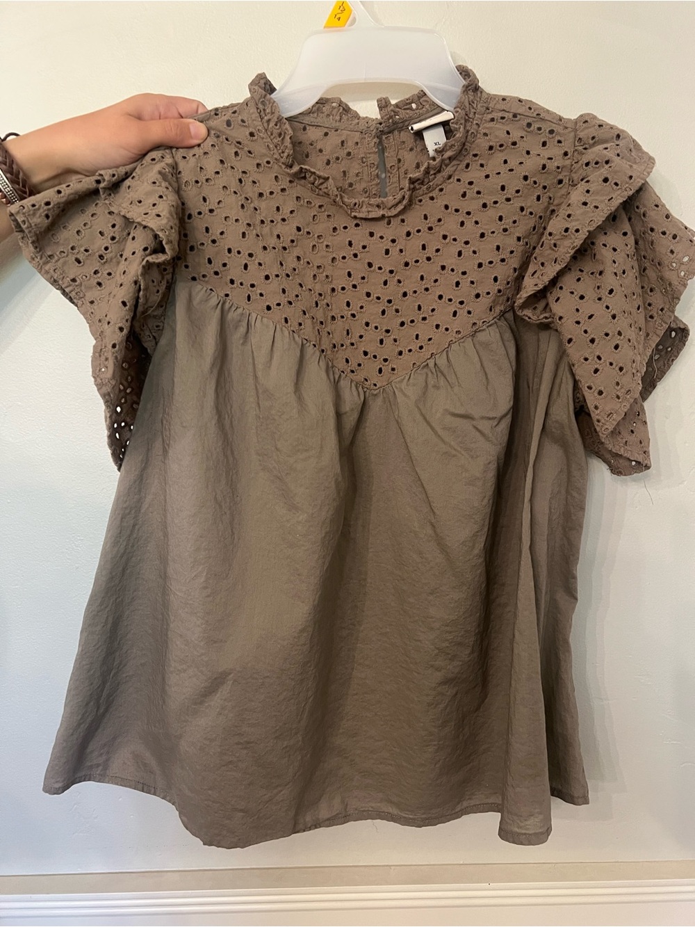 A New Day Eyelet Ruffle Sleeve Blouse in Taupe